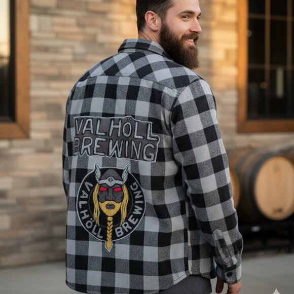 Upcycled Other - Custom VALHÖLL BREWING Viking Beer Pub Flannel Shacket Gray/Black Plaid - Large